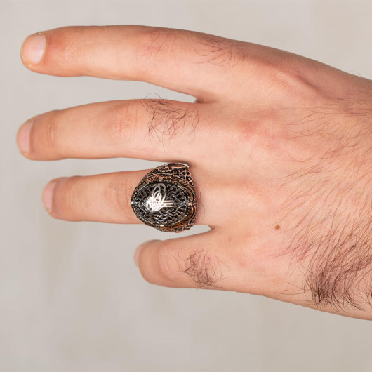 Vav Figured Ottoman Tugra Patterned Silver Men's Ring