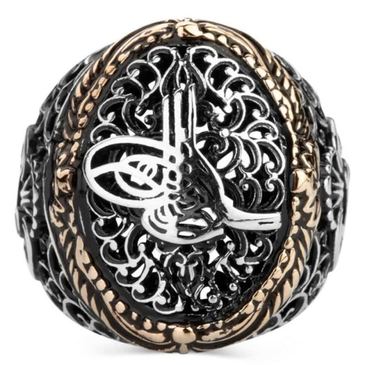 Vav Figured Ottoman Tugra Patterned Silver Men's Ring