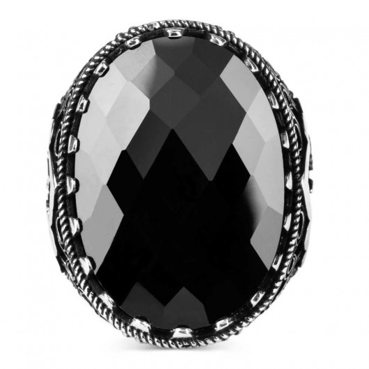 Elif-Vav Figured Black Zircon Stone Men's Ring In Sterling Silver