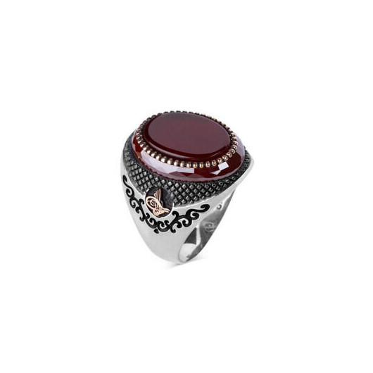Silver Men's Ring With Tughra On The Sides, Dark Claret Red Agate Stone