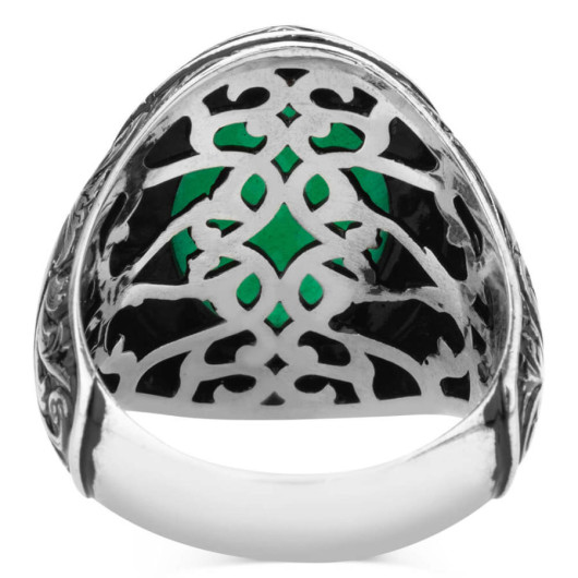 Green Agate Stone Pen Embroidered Patterned Sterling Silver Men's Ring
