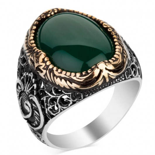 Green Agate Stone Vav Figured Sterling Silver Men's Ring