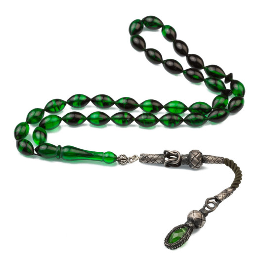 Green Moire 1000 Carat Kazaz Tasseled Spinning Amber Rosary