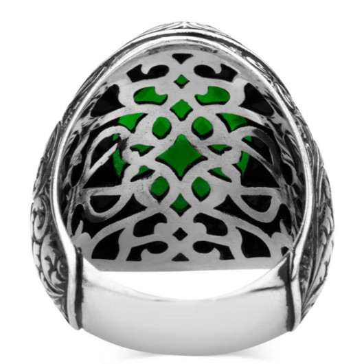 Green Zircon Stone Pen Embroidered Patterned Sterling Silver Men's Ring