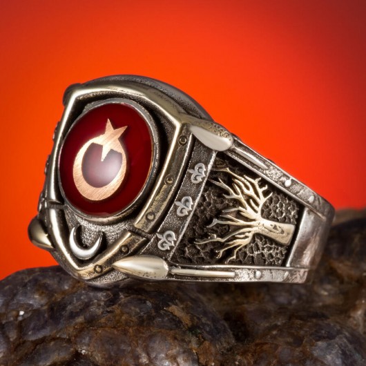 Armor Model Tree Of Life Moon Star Red Enamel Silver Men's Ring