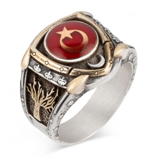Armor Model Tree Of Life Moon Star Red Enamel Silver Men's Ring