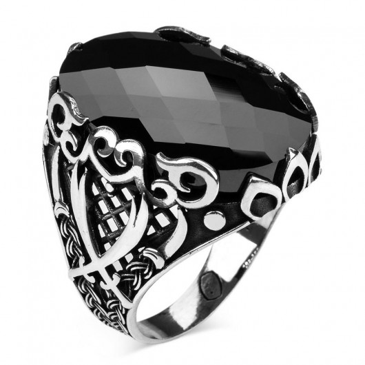 Silver Men's Ring With Zulfikar Motif And Black Zircon Stone