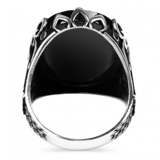 Silver Men's Ring With Zulfikar Motif And Black Zircon Stone