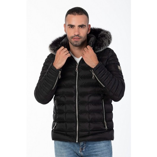 Men's Removable Fur Hooded Padded Arm Zippered Water Repellent Inflatable Coat 9506