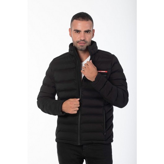 Men's Hoodless Filled Stand Up Collar Front Pockets Water Repellent Down Jacket 9569