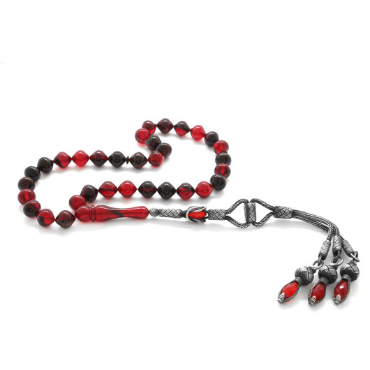 Original Amber Rosary With Red And Black Silver Tassels