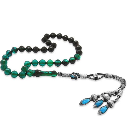 Original Amber Rosary With Turquoise And Black Silver Tassels