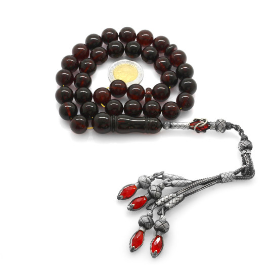 Silver Kazaz Tassel Maxi Size Mottled Red Amber Prayer Beads