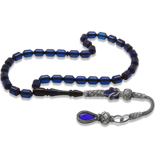 Dark Navy Blue Pressed Amber Rosary With Silver Tassels 1000