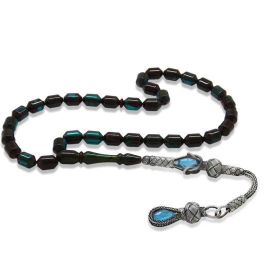 Original Blue And Black Amber Rosary With Silver Tassels 1000