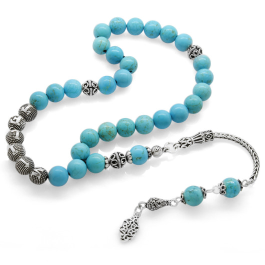 Silver Crest Tassel Name Written Turquoise Natural Stone Prayer Beads