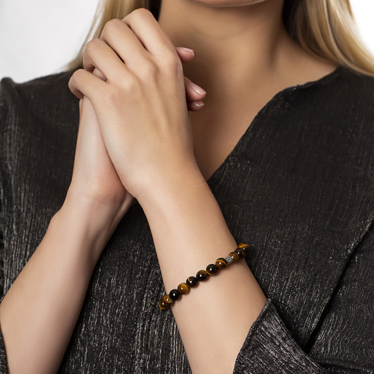 Silver Diamond Pattern Sphere Cut Tiger Eye Bracelet