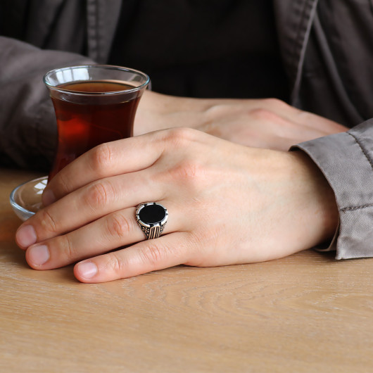 925 Sterling Silver Domed Black Onyx Stone Men Ring