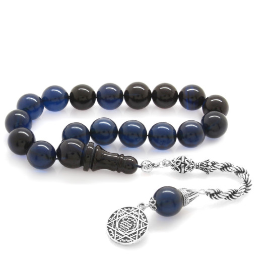 Blue And Black Amber Rosary With Braided Silver Tassels