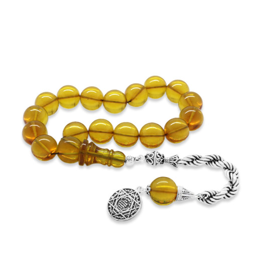 Fiery Yellow Amber Rosary With Braided Silver Tassels