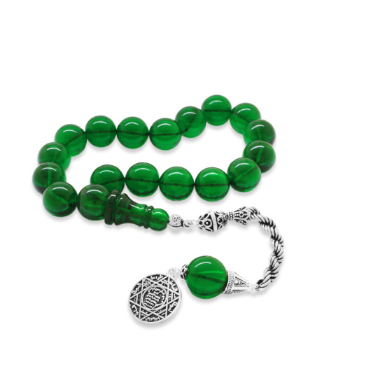 Fiery Green Amber Rosary With Braided Silver Tassels