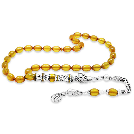 Amber Rosary With Yellow Silver Wolf Head Tassel