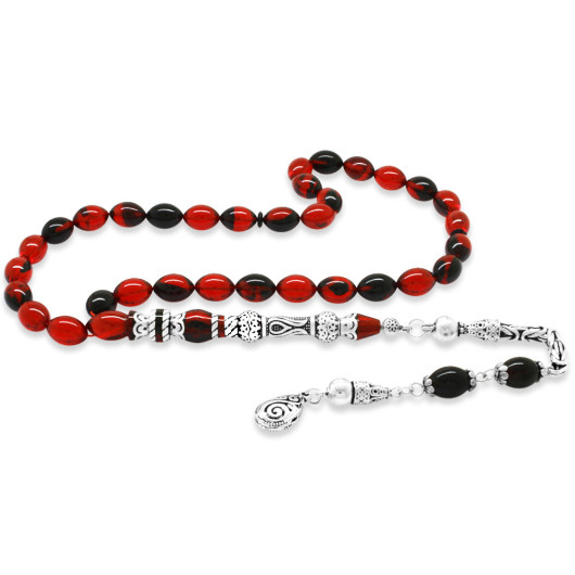 Amber Rosary With Silver Tassels, Red And Black Tulips