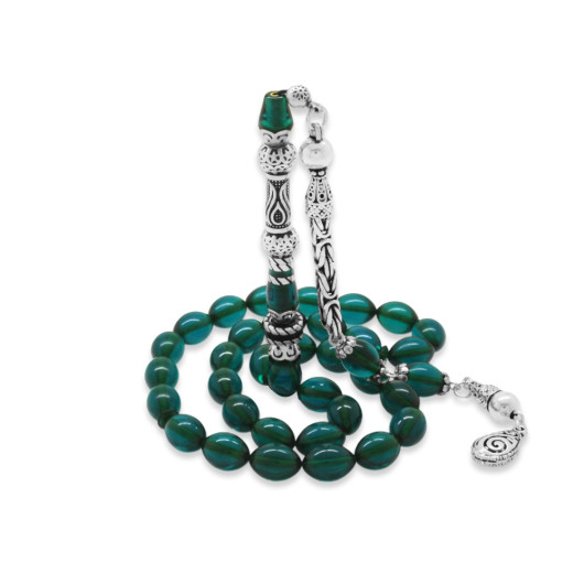 Amber Rosary With Silver Tassels And Turquoise Tulips