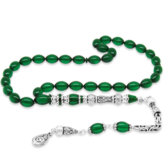 Amber Rosary With Silver Tassels And Green Tulips