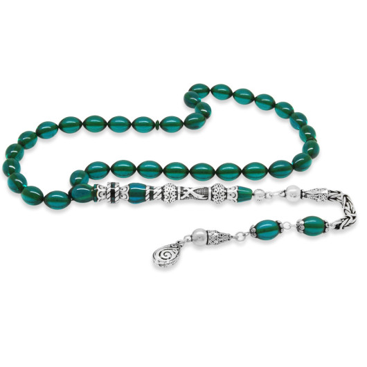 Zulfiqar Amber Rosary With Turquoise Silver Tassels