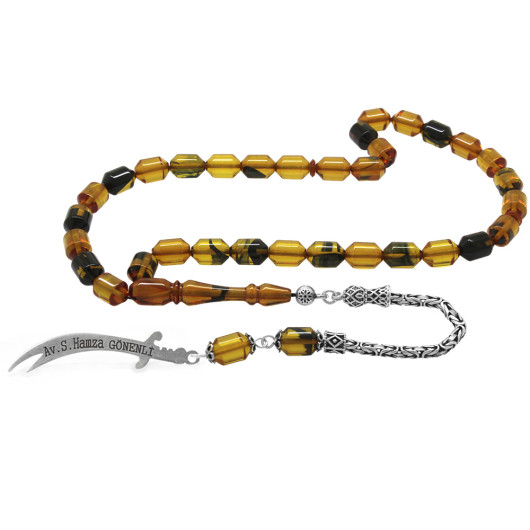 Yellow And Black Amber Rosary With A Silver Tassel With A Name Written On It