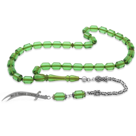 Water Green Amber Rosary With Silver Tassel With Name Written