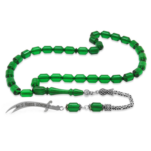 Green Amber Rosary With A Silver Tassel With A Name Written On It