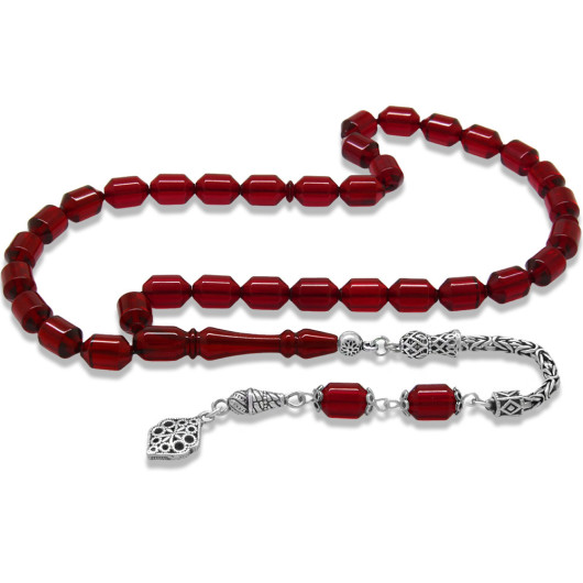Dark Red Amber Rosary With Decorated Silver Tassel