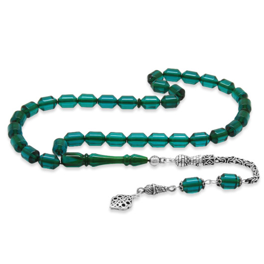 Turquoise Amber Rosary With Decorated Silver Tassel