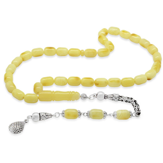 Amber Rosary With Yellow And White Spiral Silver Tassel