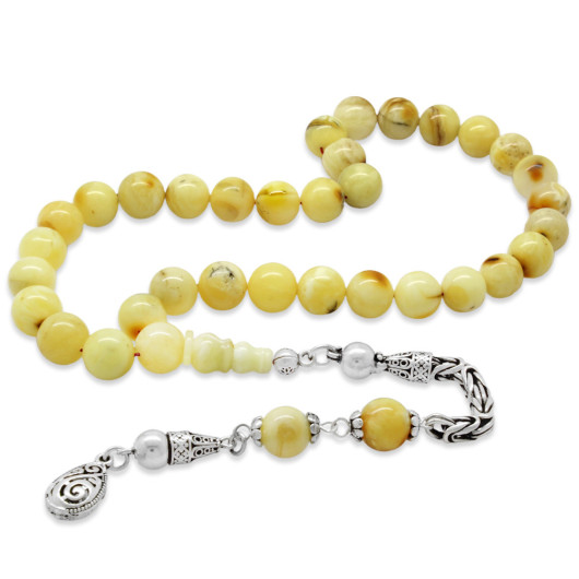 Amber Rosary With Brown And White Silver Tassel And Spherical Beads