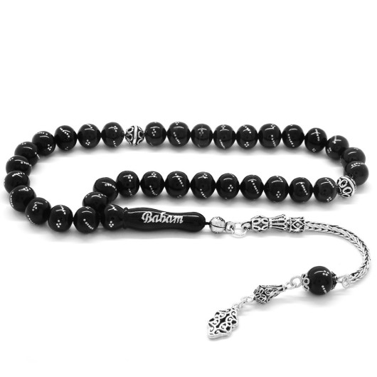 Silver Tassel Name Written Erzurum Oltu Stone Prayer Beads