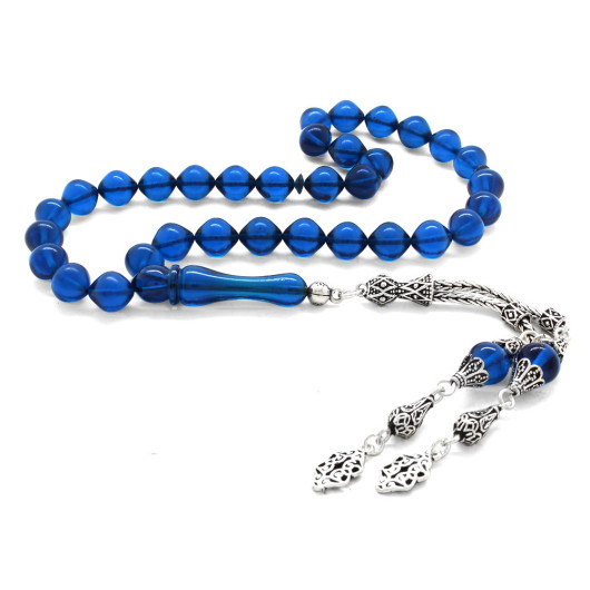 Navy Compressed Amber Rosary With 925 Silver Tassels