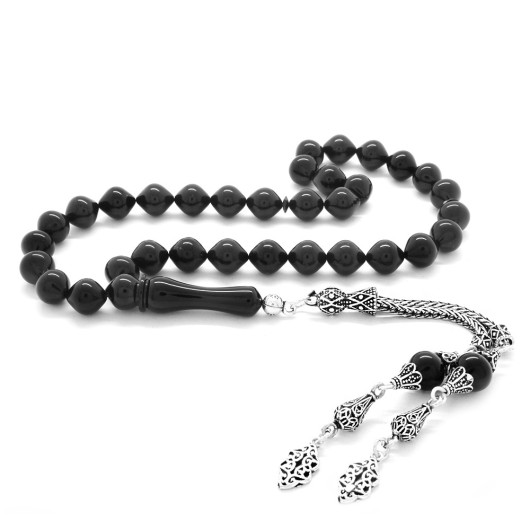 Black Compressed Amber Rosary With 925 Silver Tassels