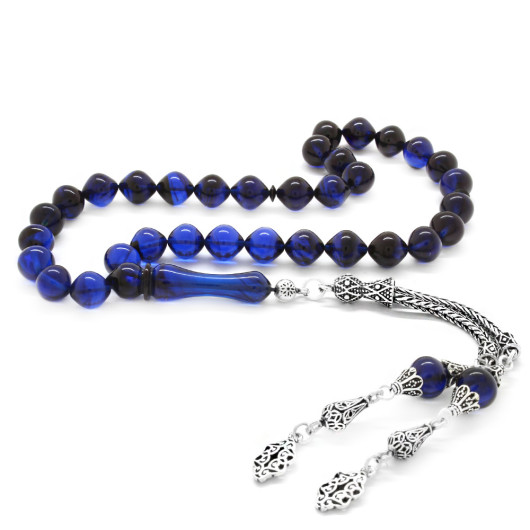 Black And Blue Compressed Amber Rosary With 925 Silver Tassels