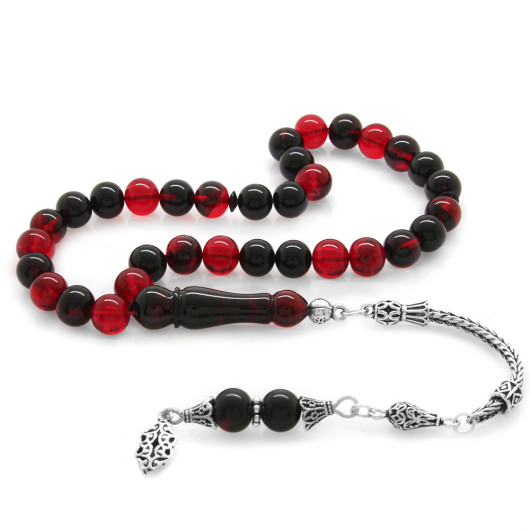 Red And Black Fiery Amber Rosary With 925 Silver Tassel