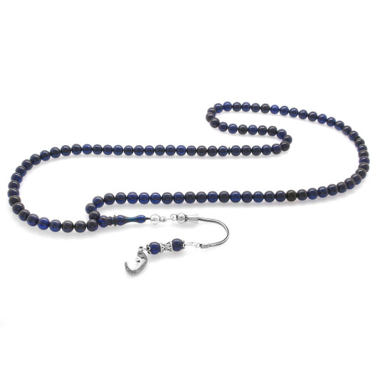 Long Compressed Amber Rosary With A Navy Blue Silver Tassel