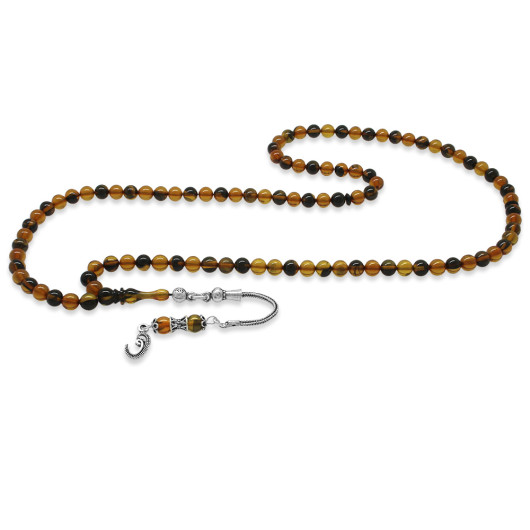 Fiery Amber Rosary With A Yellow And Black Silver Tassel