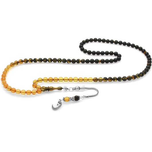 Fiery Amber Rosary With A Black And White Silver Tassel