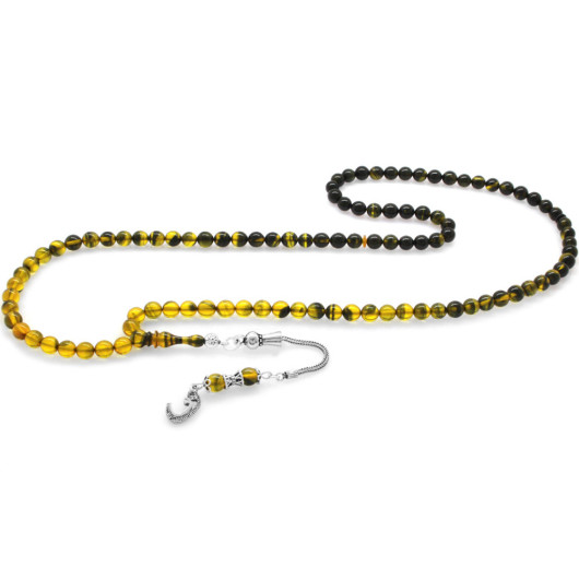 Fiery Amber Rosary With A Black And Yellow Silver Tassel