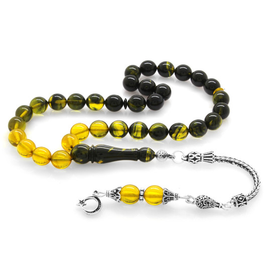 Mens Yellow And Black Amber Rosary With 925 Silver Tassels