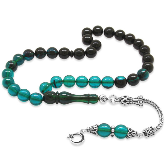 Mens Rosary In Amber, Turquoise And Black With 925 Silver Tassels