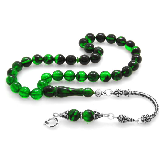 Mens Amber Green And Black Rosary With 925 Silver Tassels