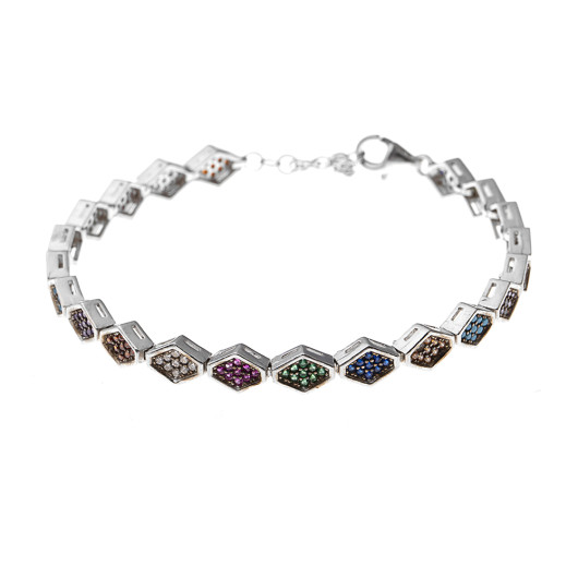 Hexagonal Design Multicolor Zircon Stone Silver Women Bracelet